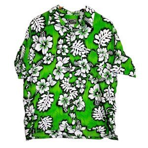 Tiki Palm Hawaiian Shirt Men's Size XL Floral Print Neon Green/White 100% Rayon